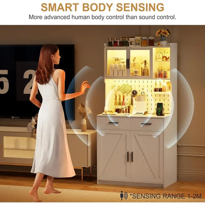 LED Kitchen Pantry Storage Cabinet with Drawers & Adjustable Shelves