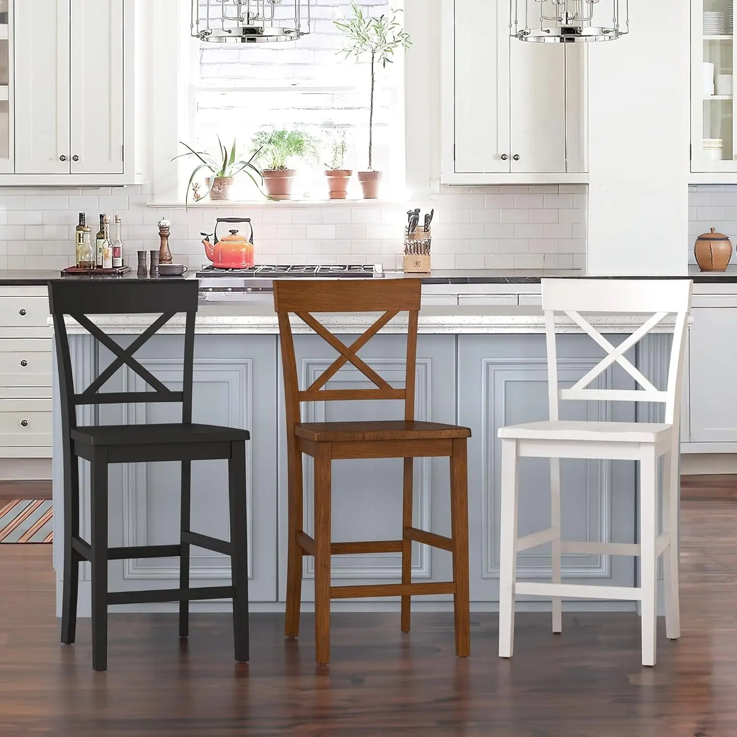 24" H Wooden Stools with Back and Footrest