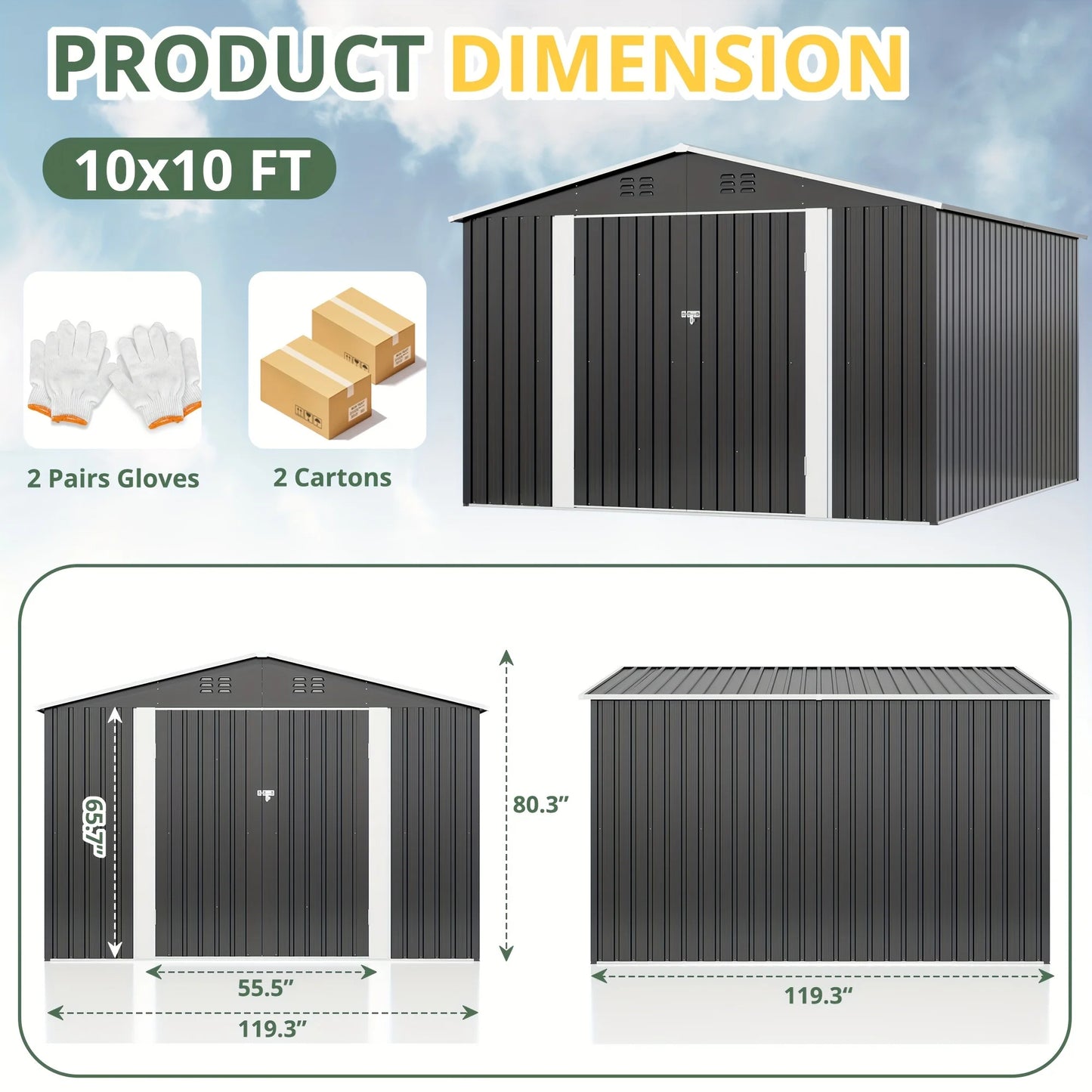10x10~12x18FT Outdoor Heavy-Duty Frame Shed