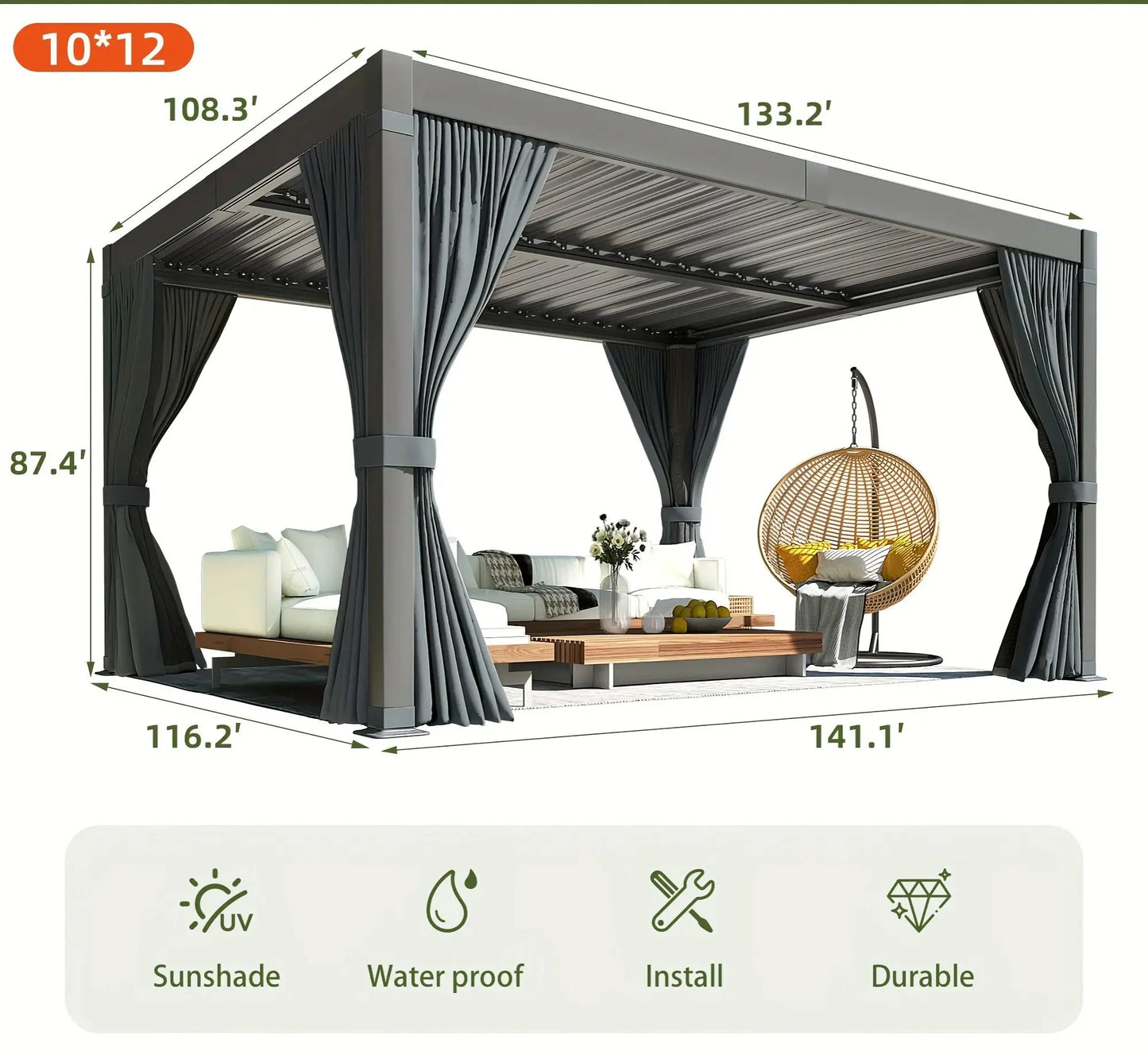 10x12FT Aluminum Adjustable Rust-Resistant Gazebo