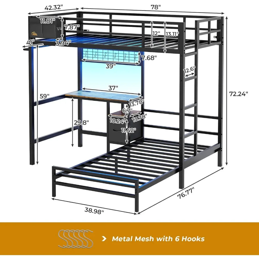 L-Shaped Metal Bunk Bed with Led Lights & Storage Shelves and Drawers