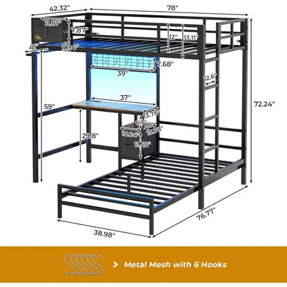 L-Shaped Metal Bunk Bed with Led Lights & Storage Shelves and Drawers