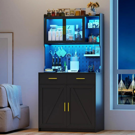 LED Kitchen Pantry Storage Cabinet with Drawers & Adjustable Shelves