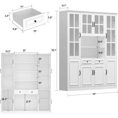 Large Kitchen Pantry Storage Cabinet with Glass Doors & Drawers