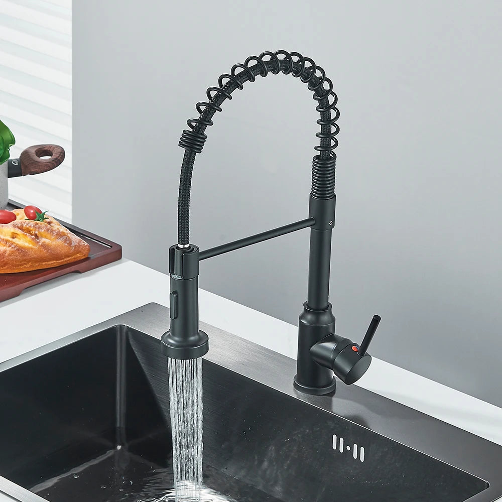 Matte Black Kitchen Sink Faucet One Handle Spring Mounted Kitchen Crane