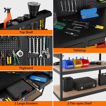 3-Tier Heavy Duty Worktable with 2 Drawers with Hanging Hooks