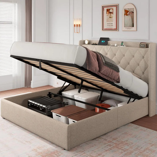 Queen Size Lift Up Storage Bed Frame with Charging Station