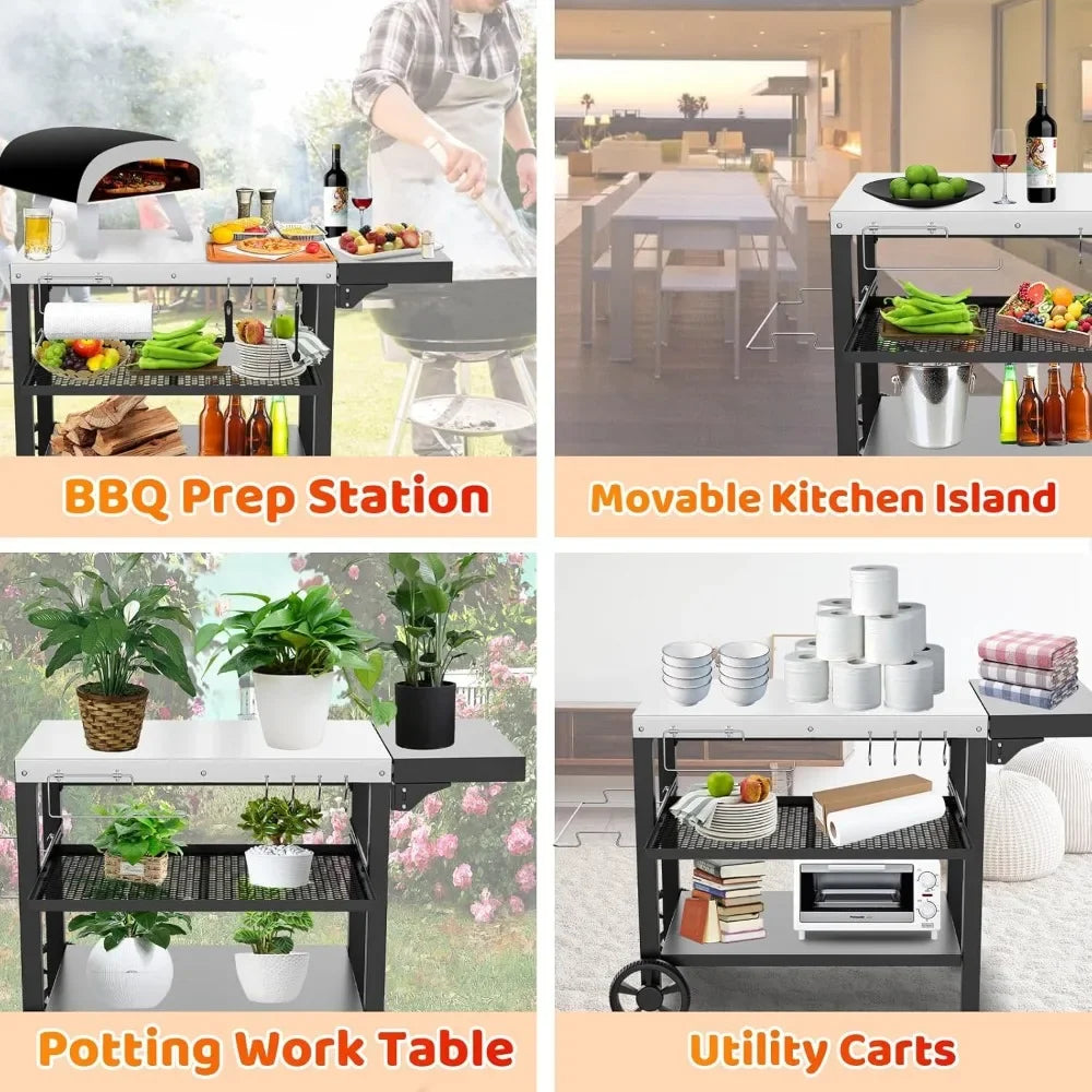 Movable 3-Shelf Prep Table with Side Table