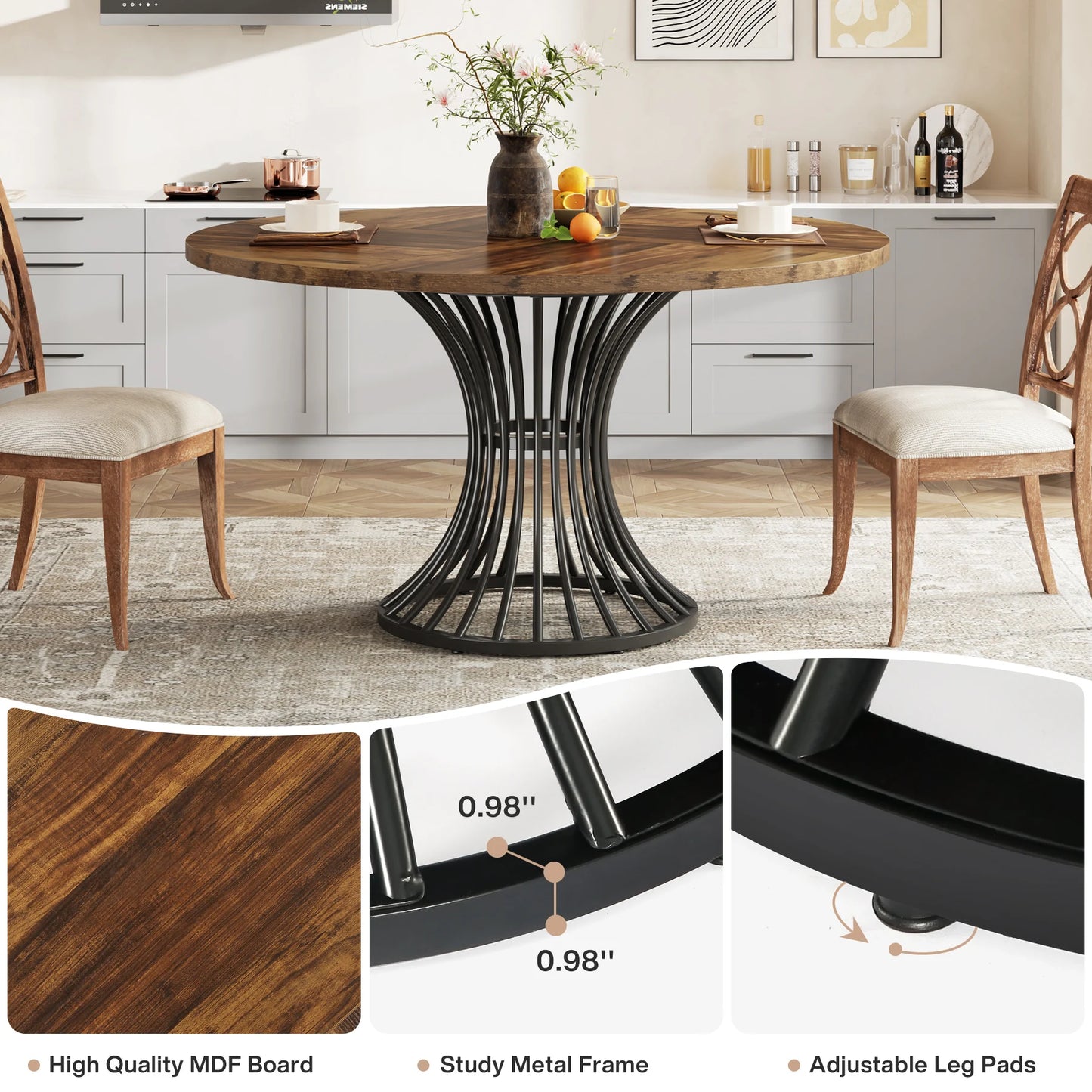 46-Inch Wood Kitchen Table with Sturdy Metal Base