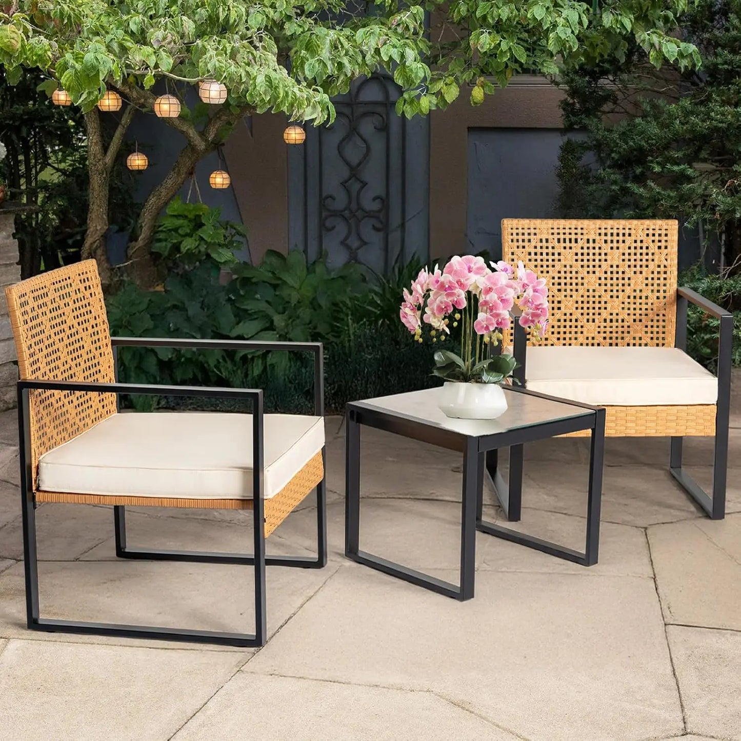 3 Piece Outdoor Wicker Bistro Set, and Tempered Glass