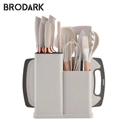 19pcs Food Grade Silicone Brodark Kitchenware Set, Cooking Spoon, Shovel, Cutting Board, Fruit Knife, Chef Knife, Combination Se