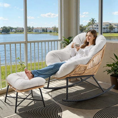 Oversized Wicker Rattan Egg Patio Chair with Ottoman