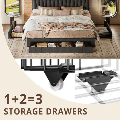King Size Bed Frame with Storage Headboard and Charging Station