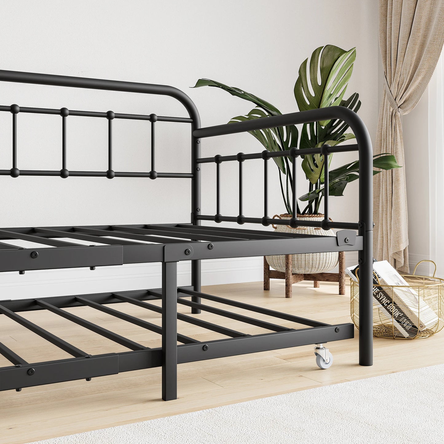 Twin Size Metal Daybed Frame with Trundle, Heavy Duty Steel Slat Support Sofa Bed Platform with Headboard, No Box Spring Needed,
