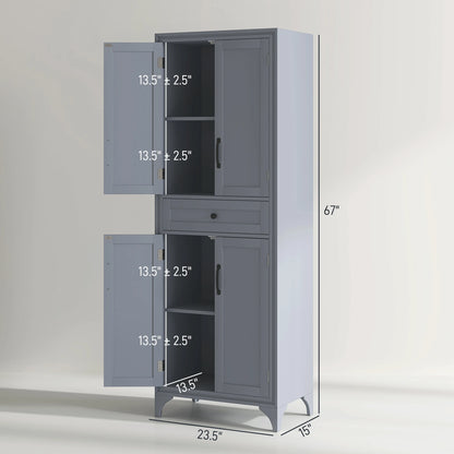 67" 4-Door Kitchen Pantry with Drawer and Adjustable Shelves Gray