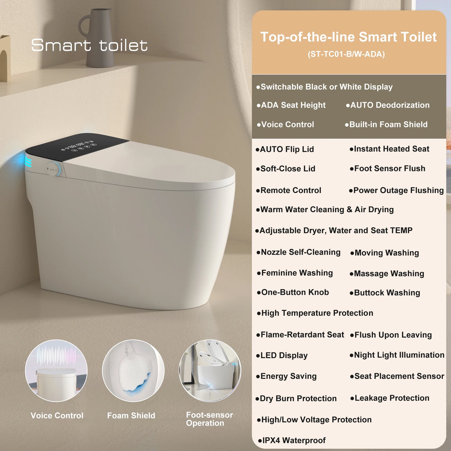 Smart Toilet with Built-in Bidet, AUTO Open/Close