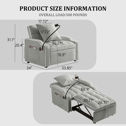 34" 3-In-1 Convertible Sleeper with USB & Type-C Charging Ports