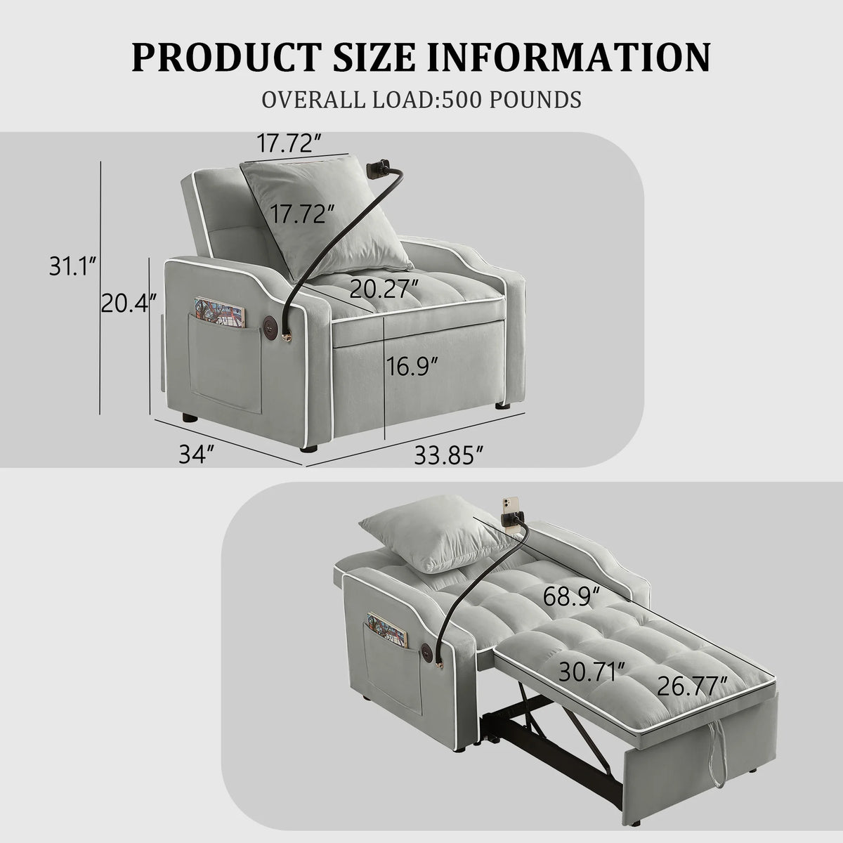 34" 3-In-1 Convertible Sleeper with USB & Type-C Charging Ports