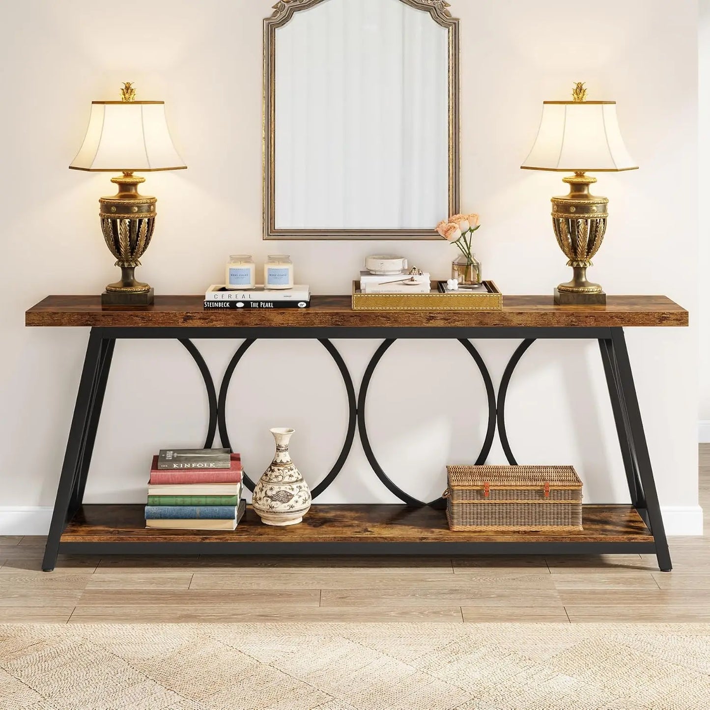70.9 inch Long Console Table with 2 Tier Storage Shelf