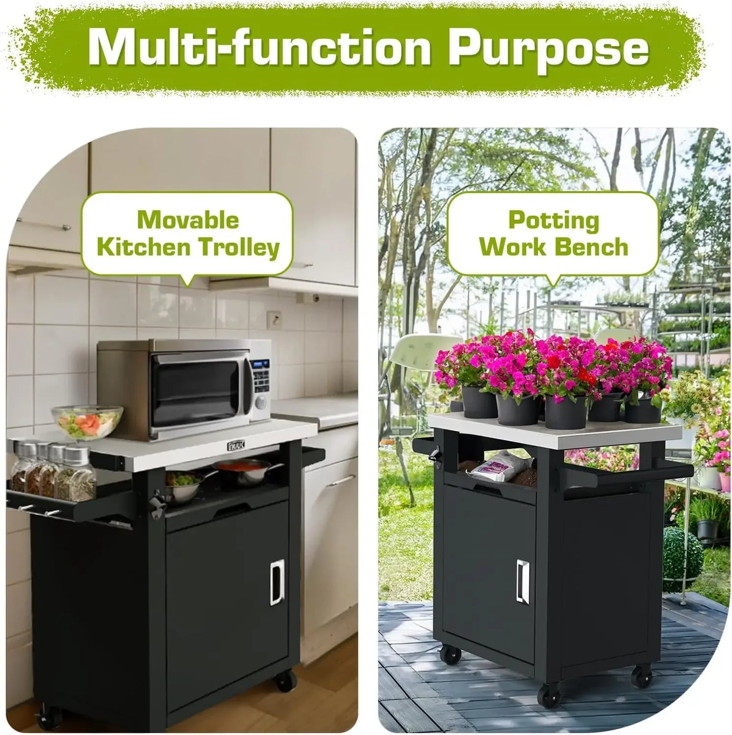 Portable Patio Bar Cart with Wheels Stainless Steel Kitchen Storage