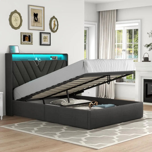 Full Lift Up Bed Frame with Charging Station & LED Lights