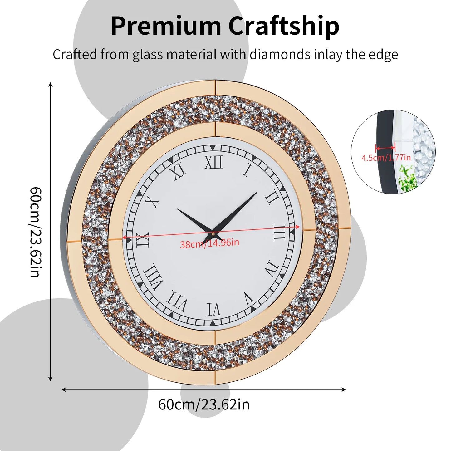 Crush Diamond Mirrored Wall Clock for Wall Decoration