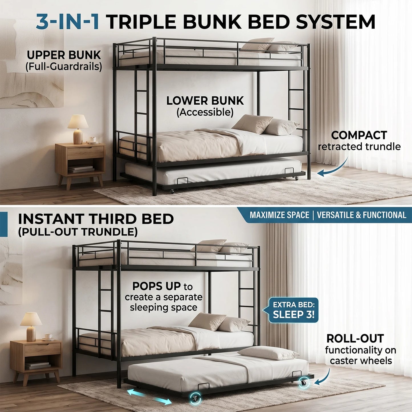 Twin Bunk Bed Frame with Ladder, Safety Rails