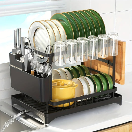 Space-Saving 2-Tier Dish Drying Rack with Utensil Holder