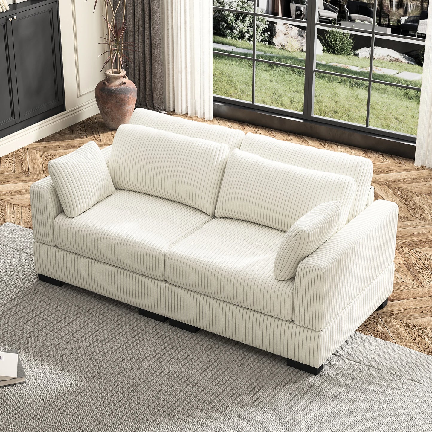 Upholstered Sofa Made of Corduroy Fabric with Removable Cushions
