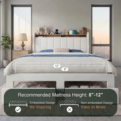 Full/Queen/King Bed Frame, 2 Storage Drawers/2-Tier Shelves