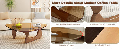 Triangle Glass Coffee Table with Wooden Base for Study Room Office Hotel