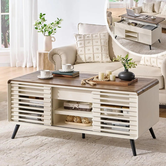 48" Lift Top Coffee Table with Slatted Sliding Door