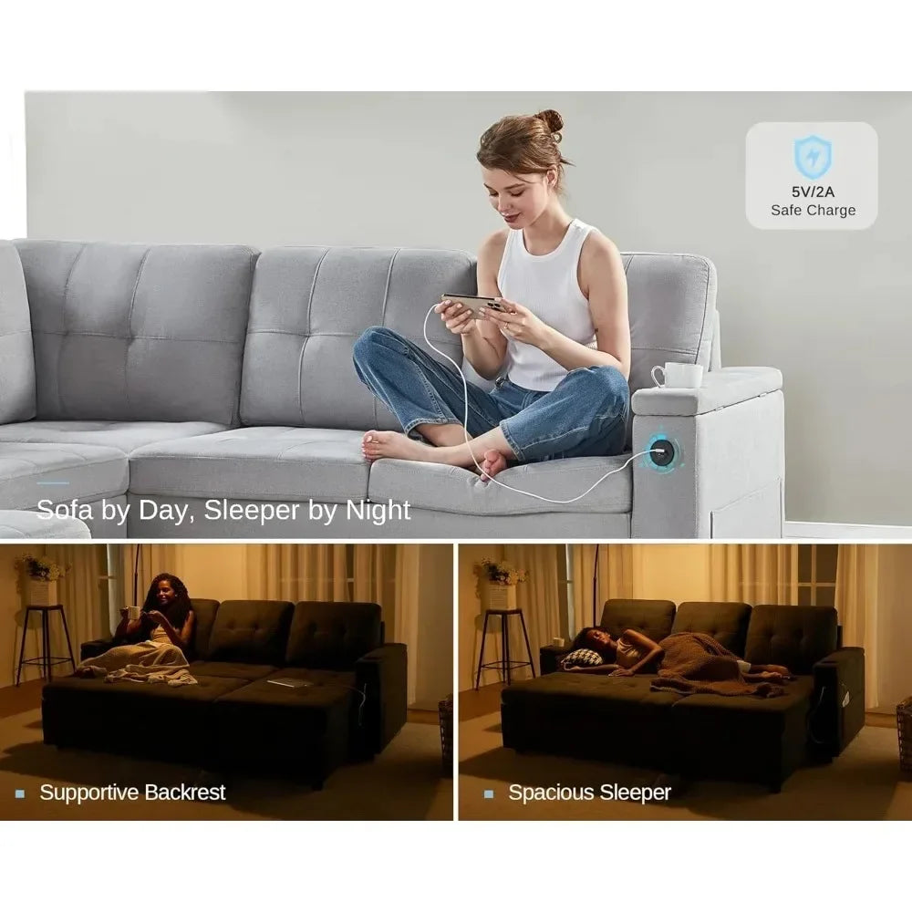 110 Inch Pull Out Sleeper Sofa, with 2 USB Charge Ports