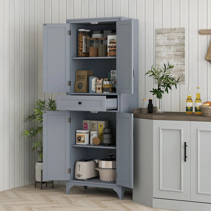 67" 4-Door Kitchen Pantry with Drawer and Adjustable Shelves Gray