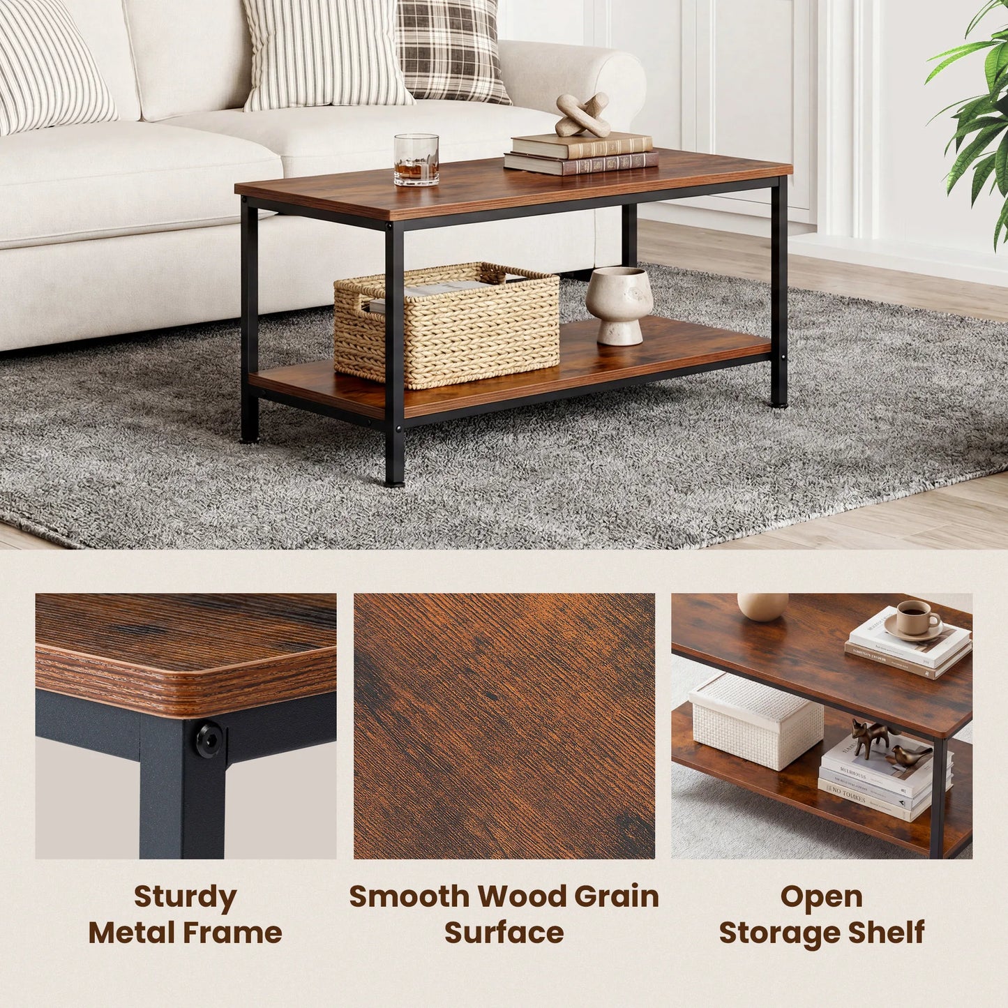 31IN Wood Coffee Table with Anti-Slip Feet