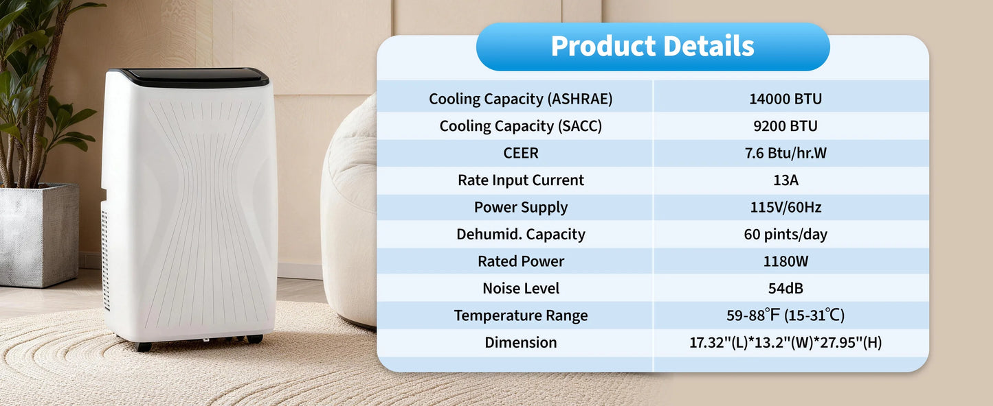 3-in-1 Portable 14,000 BTU Portable Air Conditioner