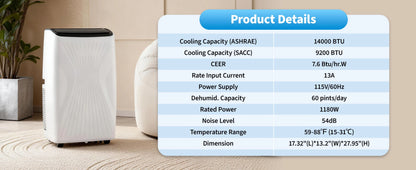 3-in-1 Portable 14,000 BTU Portable Air Conditioner