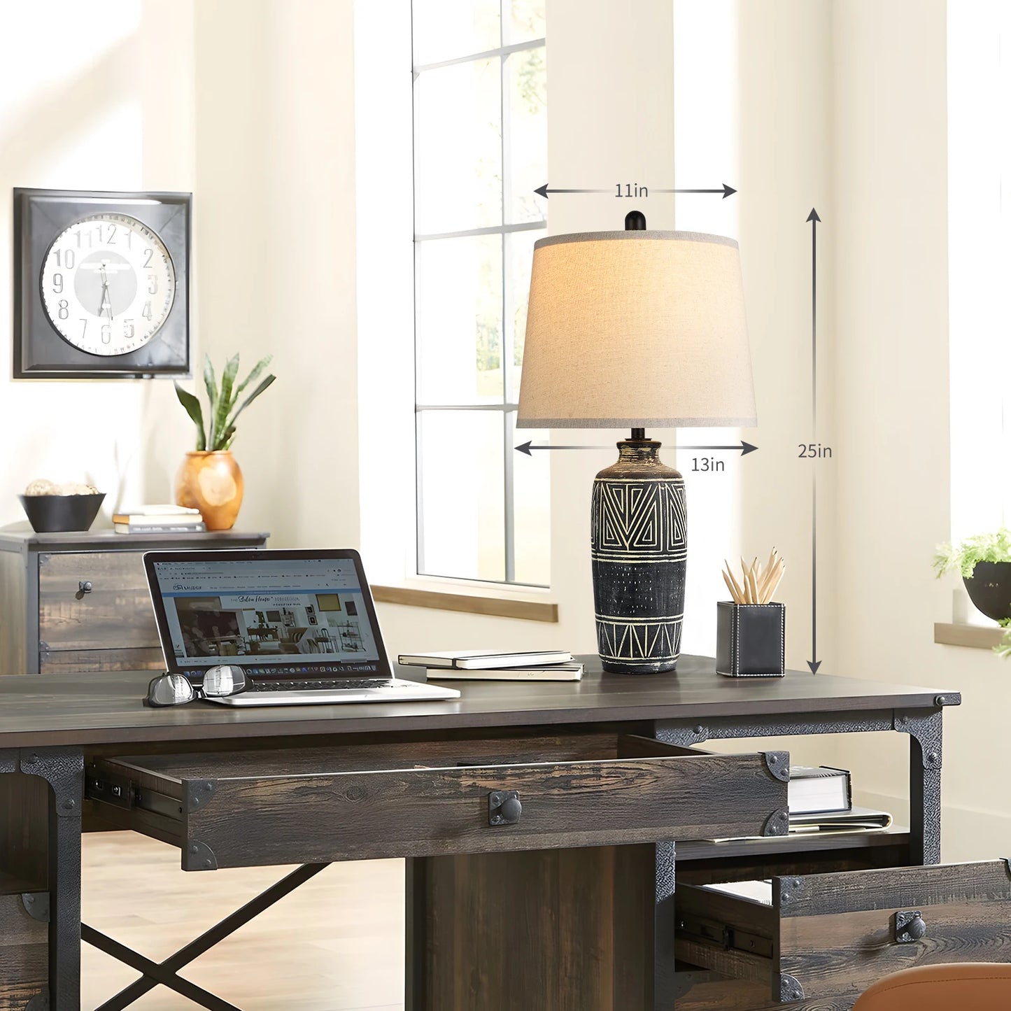 2 Pack 25-Inch Carved Geometric Ceramic Table Lamp