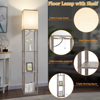 Wood Corner Floor Lamp with Shelves