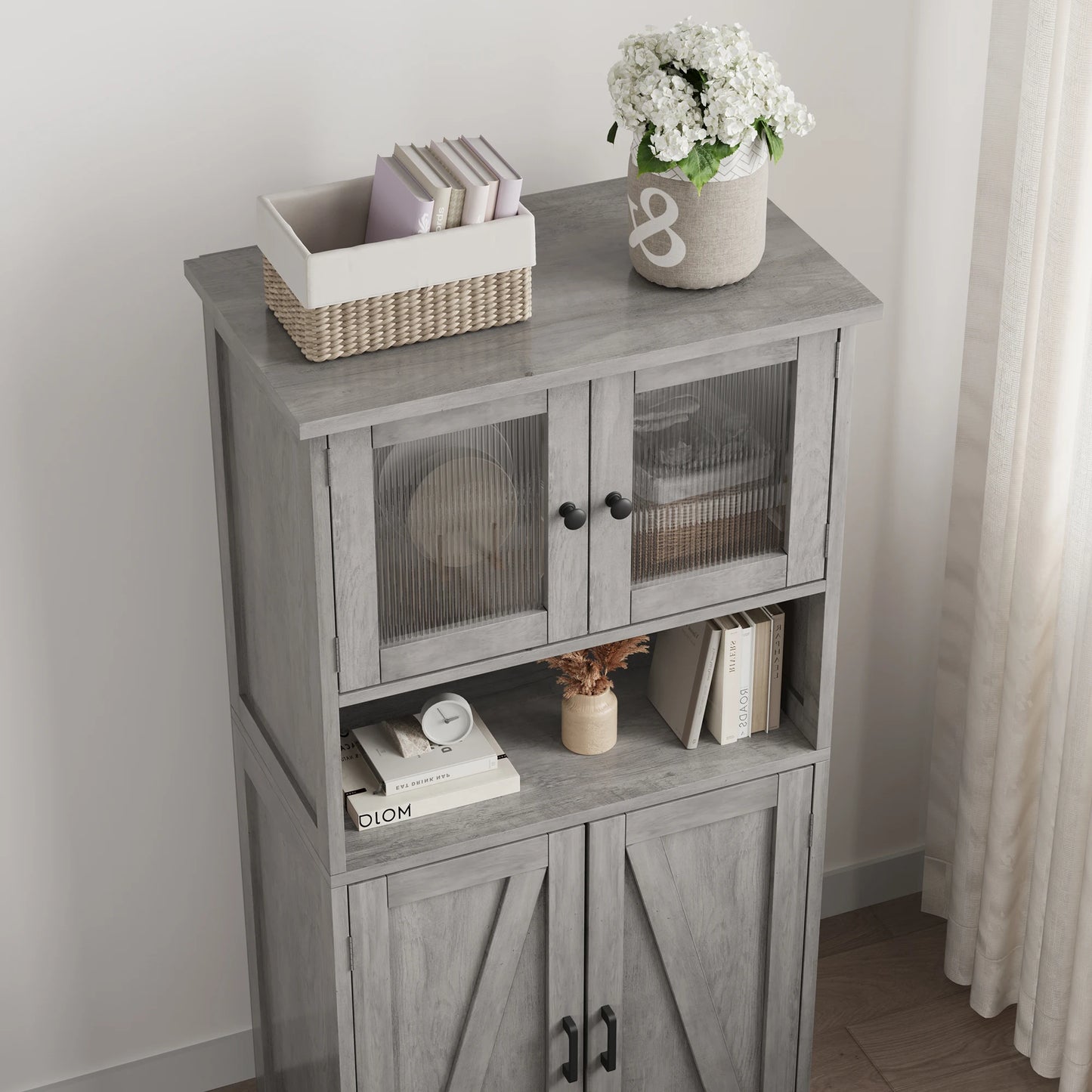 Freestanding Pantry Storage Cabinet with Glass Doors