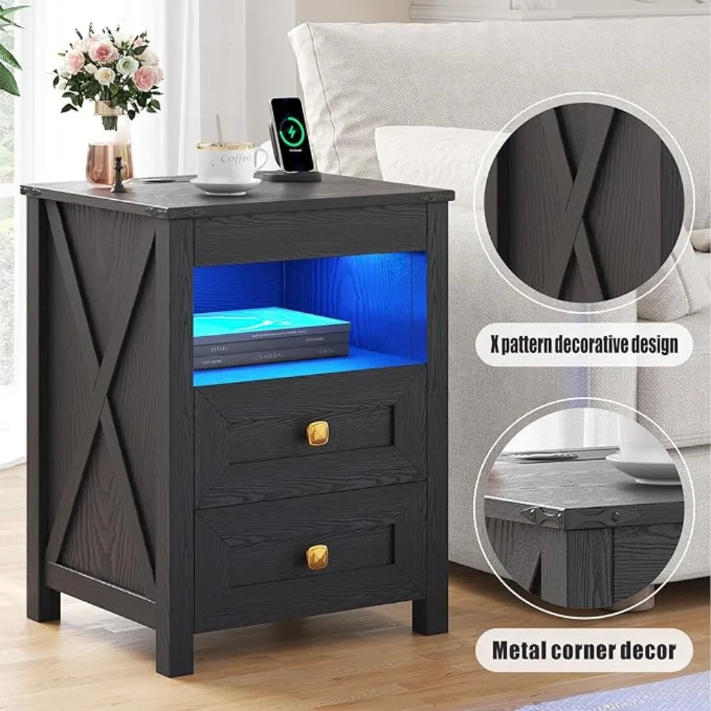 Bedside Tables with Charging Station LED Lighting