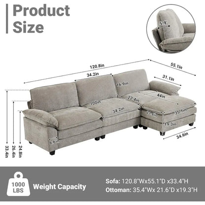 122" Cloud Double-Layer Deep Convertible Sectional Sofa