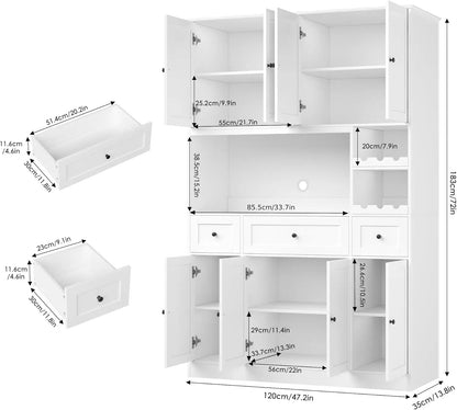 72" Tall Kitchen Pantry Storage Cabinet with Wine Rack