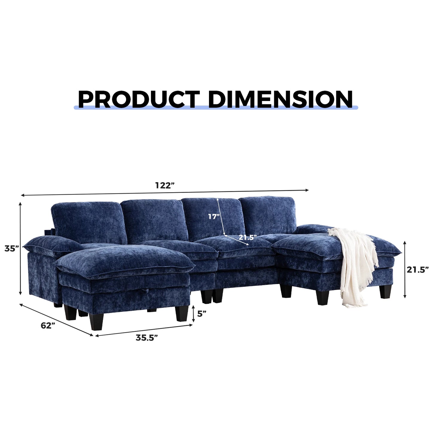 122-Inch 6-seats Double Foam Cushion Convertible Sectional