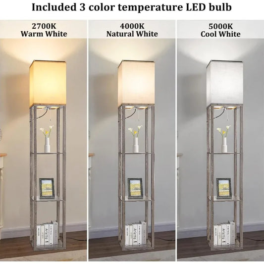 Wood Corner Floor Lamp with Shelves