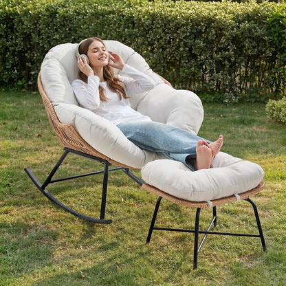 Oversized Wicker Rattan Egg Patio Chair with Ottoman