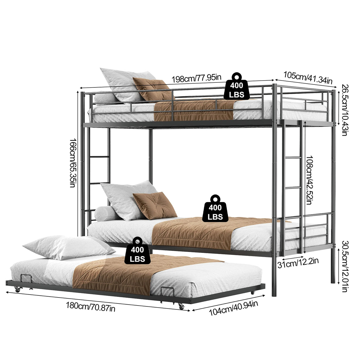 Twin Bunk Bed Frame with Ladder, Safety Rails