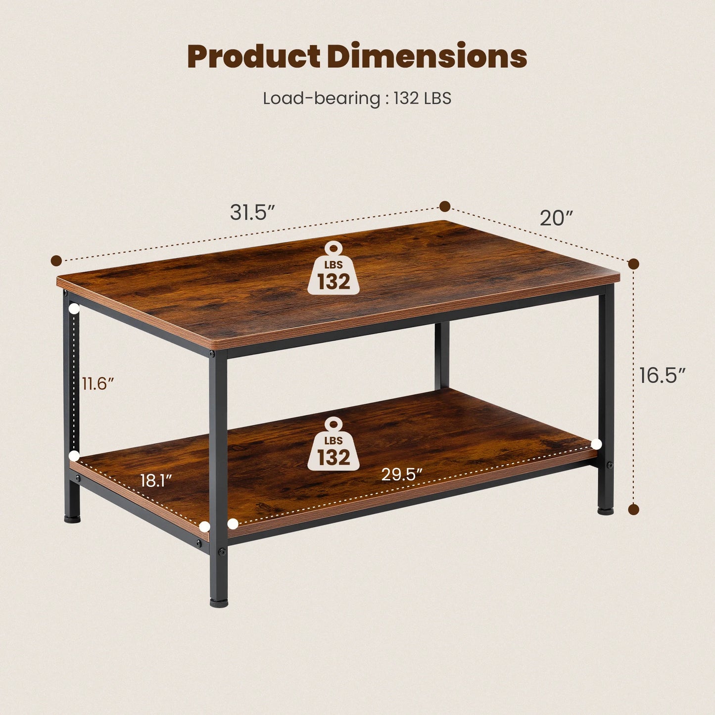 31IN Wood Coffee Table with Anti-Slip Feet