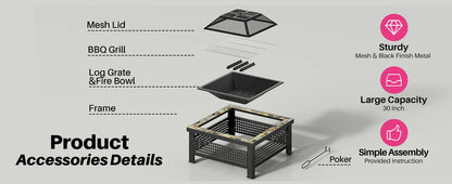 30 Inch, 3-in-1 Multipurpose Firepits for Yard, Garden, Patio