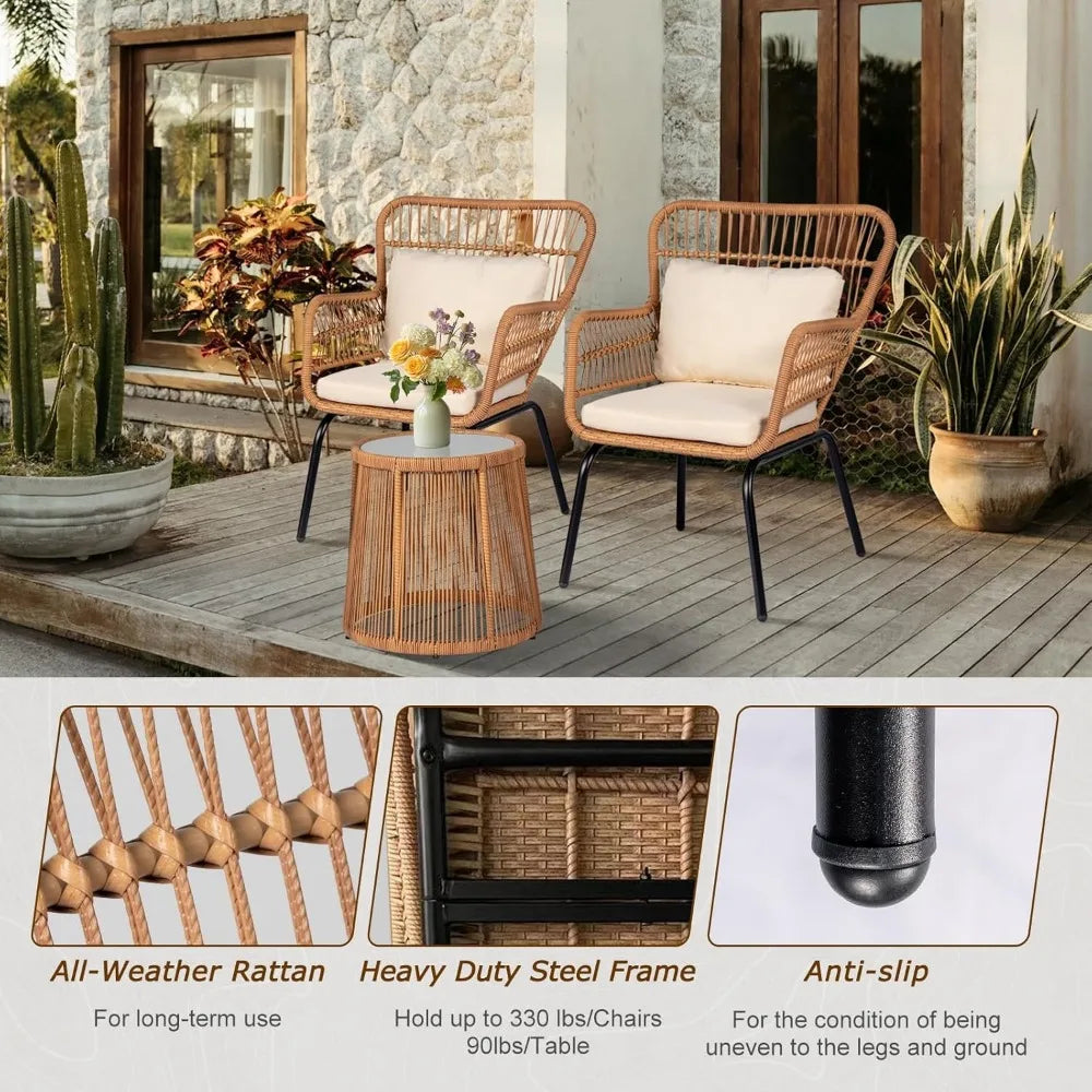 3 Piece Outdoor Wicker Bistro Set, and Tempered Glass